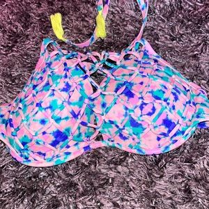 38 b Blue, pink, green, yellow cupped bikini top